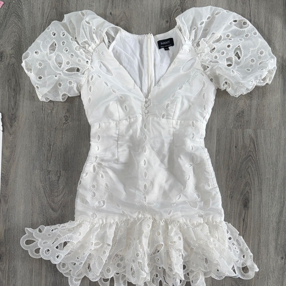 Bardot White Eyelet Puff-Sleeve Mini Dress with Flounced Hem